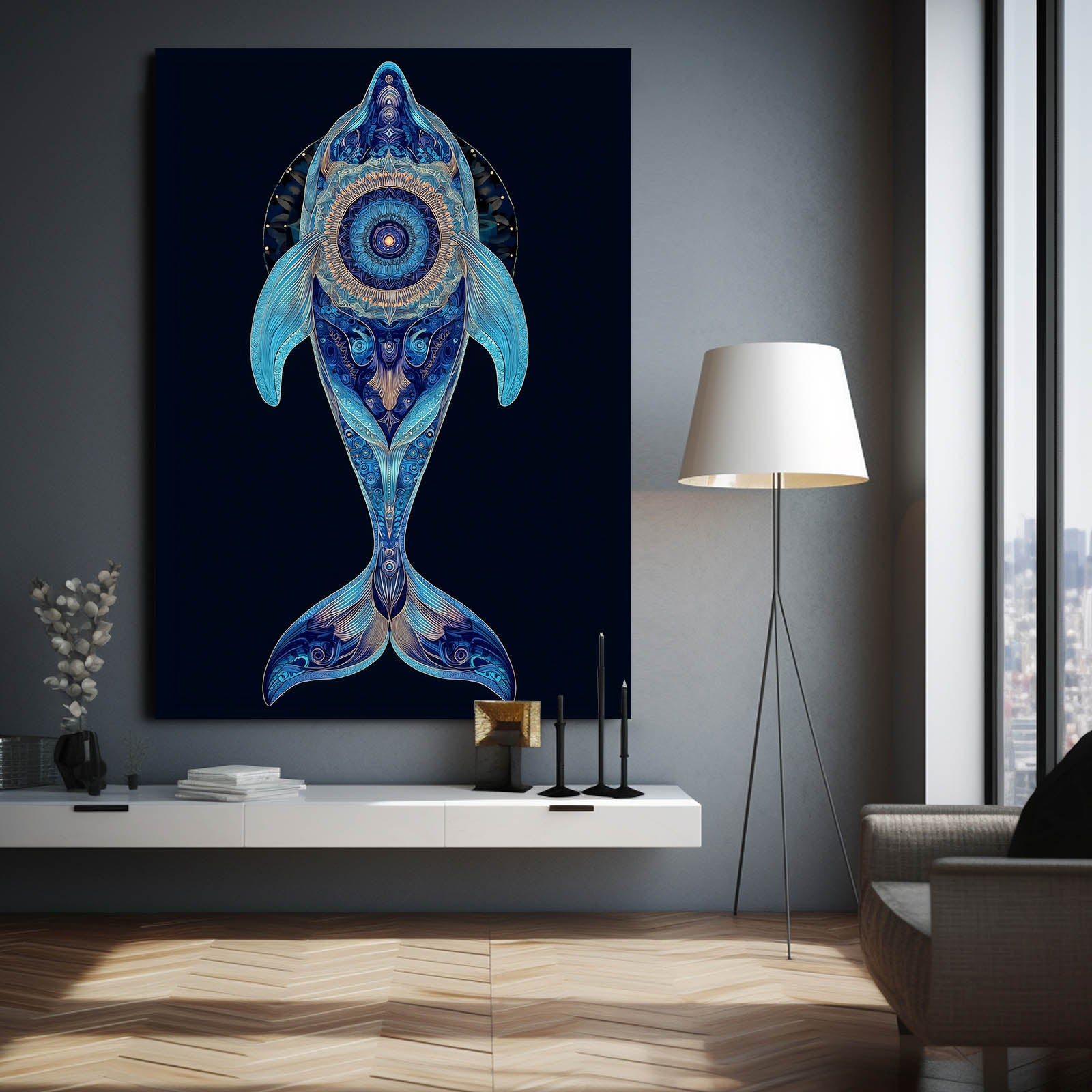 Blue Mandala Dolphin Art – styled in a furnished interior