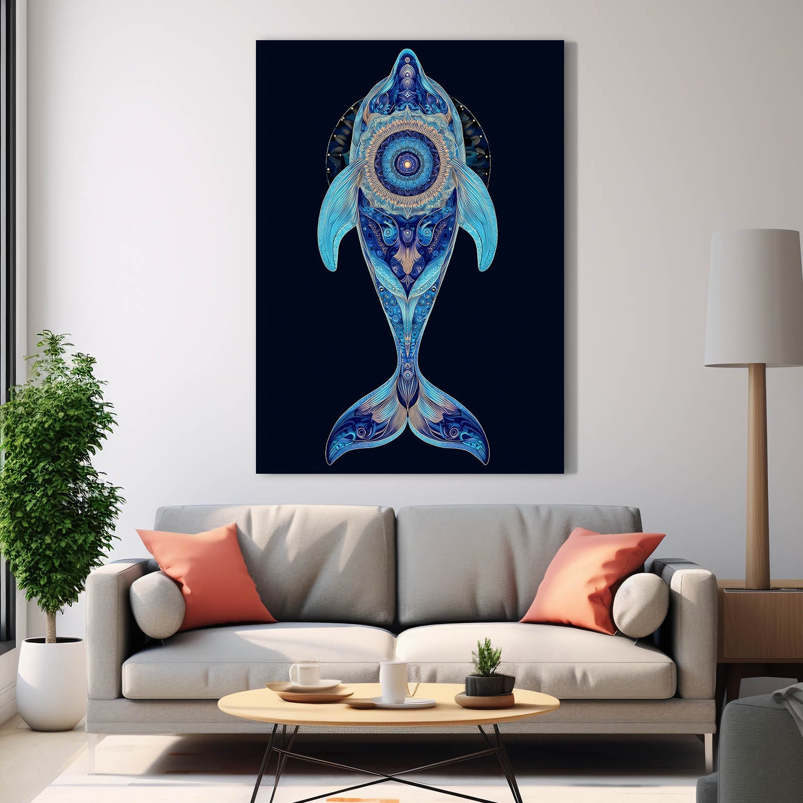 Blue Mandala Dolphin Art – styled in a furnished interior