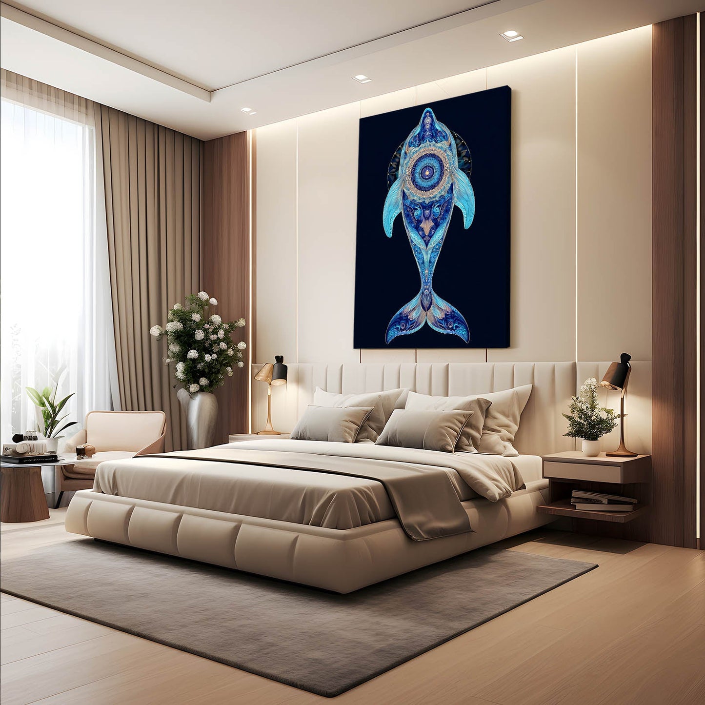 Blue Mandala Dolphin Art – styled in a furnished interior