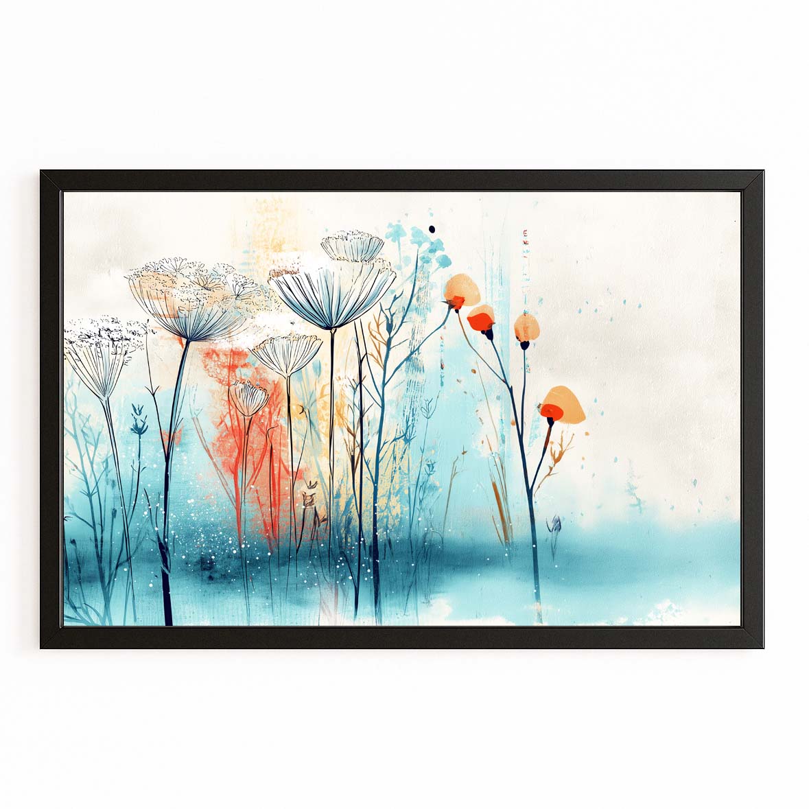 Blue Meadow Flowers Farmhouse Wall Decor – with Premium Black frame on white background