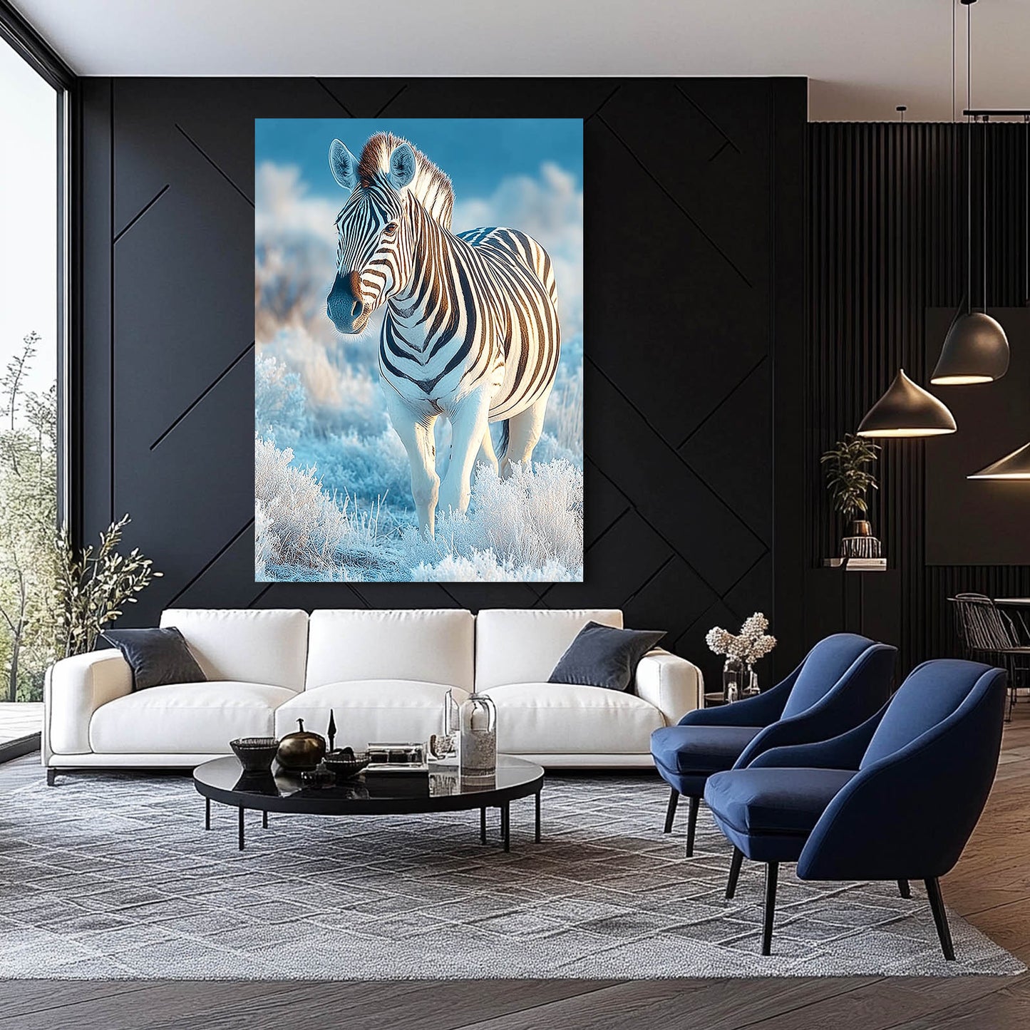 Blue Nature Zebra Wall Art – styled in a furnished interior