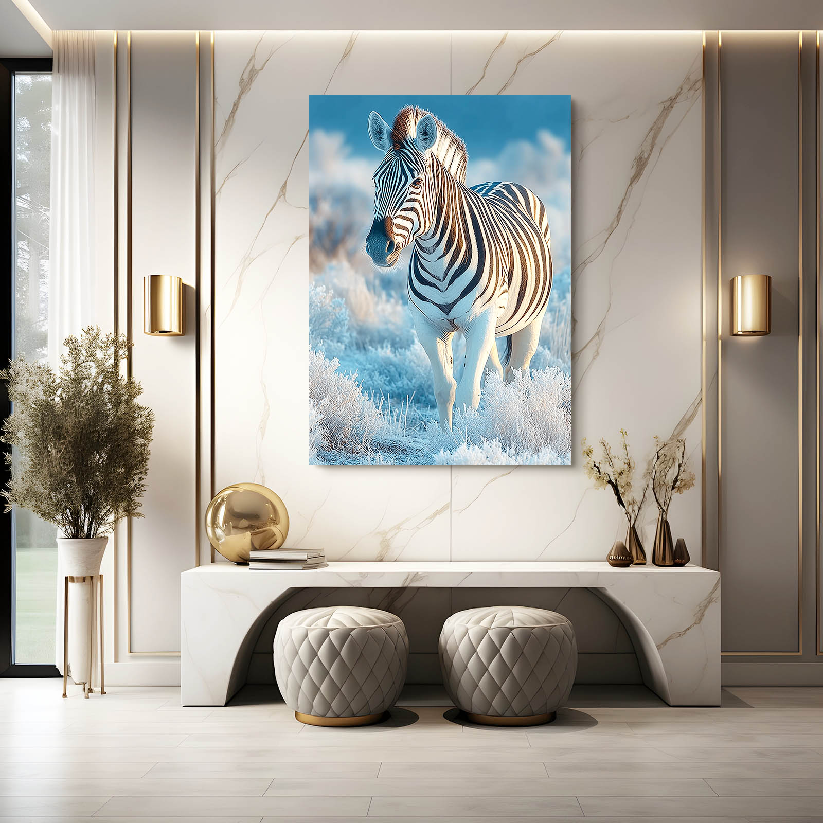 Blue Nature Zebra Wall Art – styled in a furnished interior
