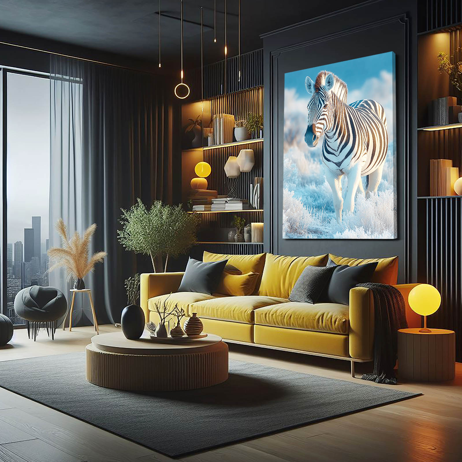 Blue Nature Zebra Wall Art – styled in a furnished interior