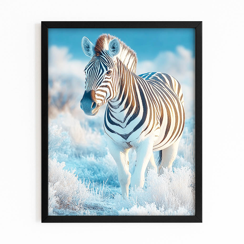 Blue Nature Zebra Wall Art – with Premium Black frame on white background