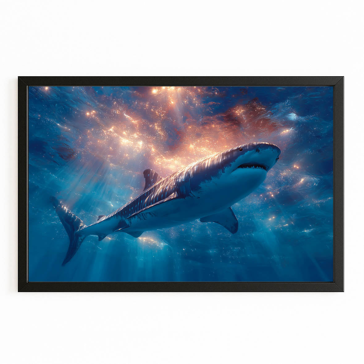 Blue Nebula Galaxy Shark Canvas Art – with Premium Black frame on white background