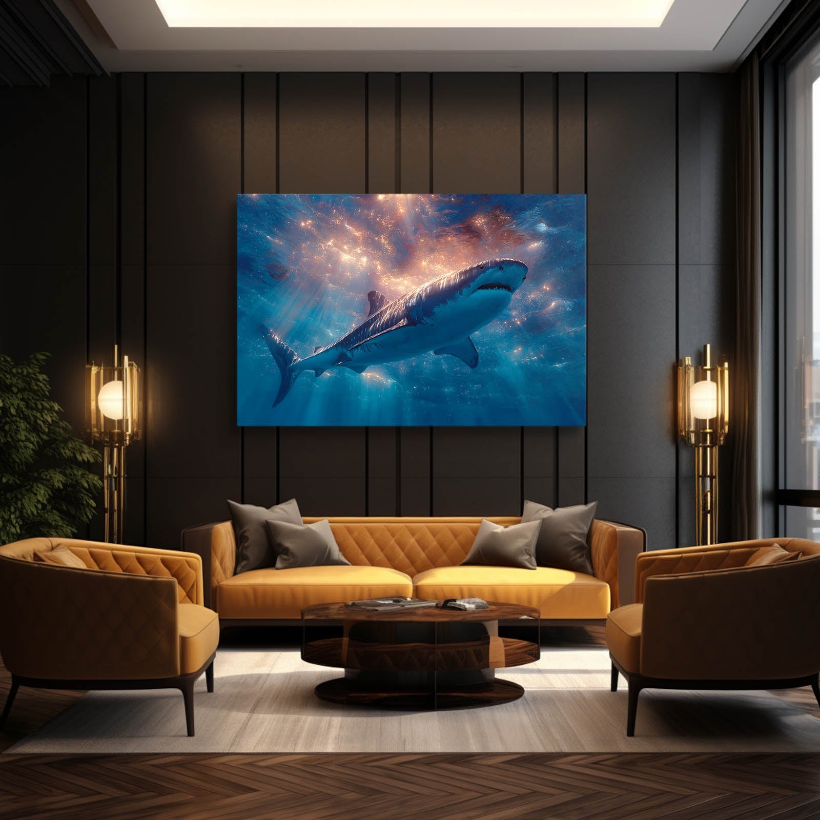 Blue Nebula Galaxy Shark Canvas Art – styled in a furnished interior