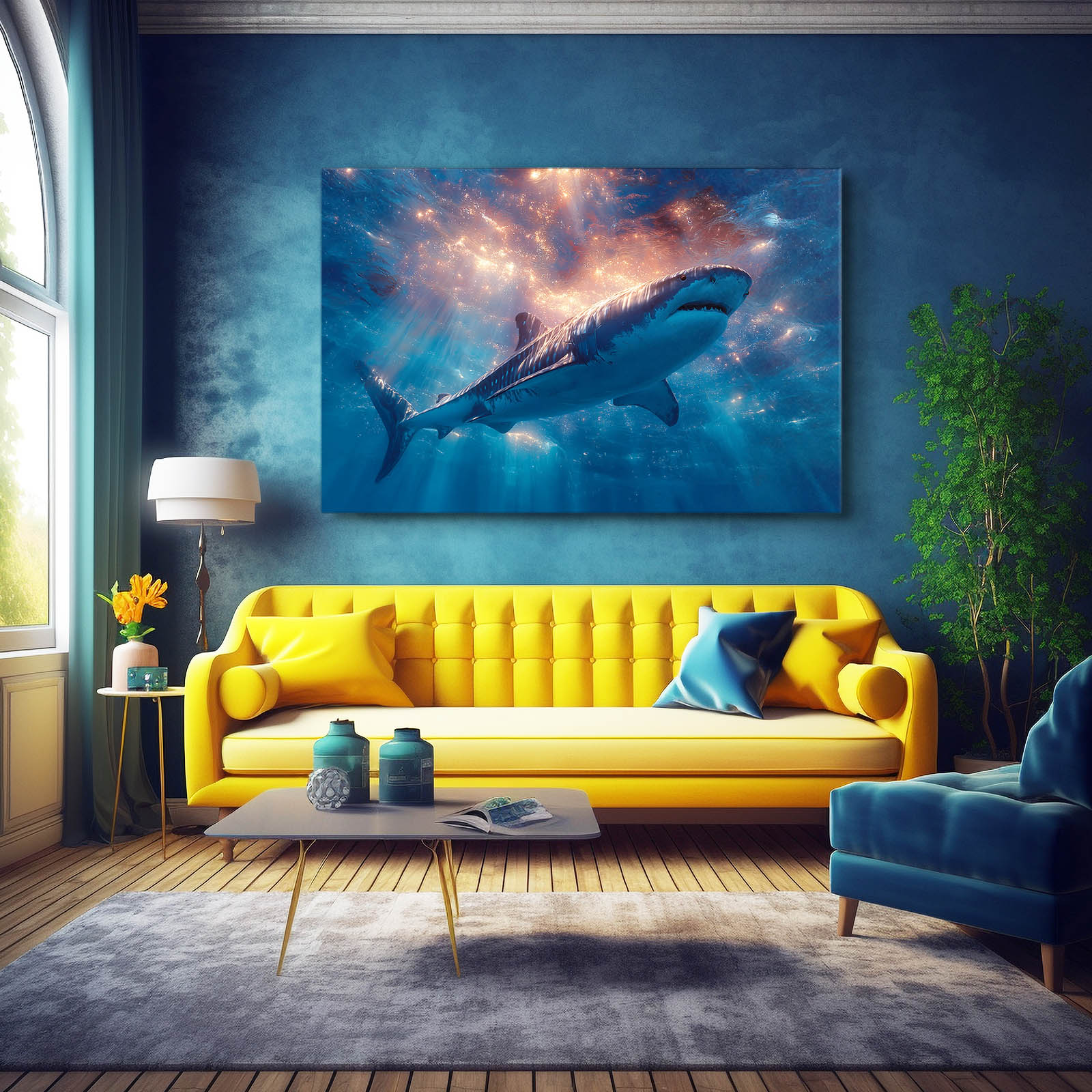 Blue Nebula Galaxy Shark Canvas Art – styled in a furnished interior