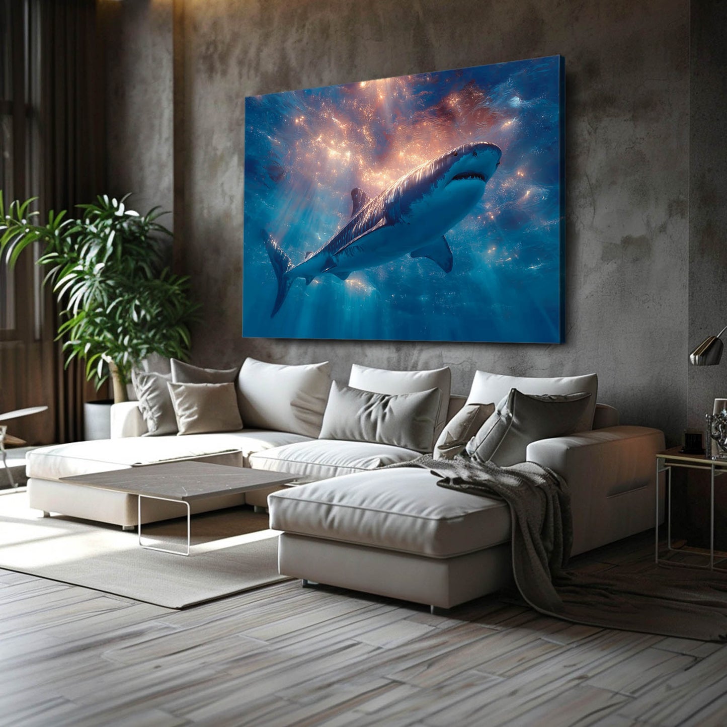Blue Nebula Galaxy Shark Canvas Art – styled in a furnished interior
