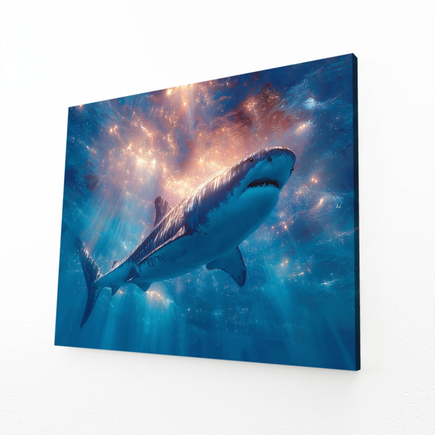 Blue Nebula Galaxy Shark Canvas Art – angled canvas view on white background
