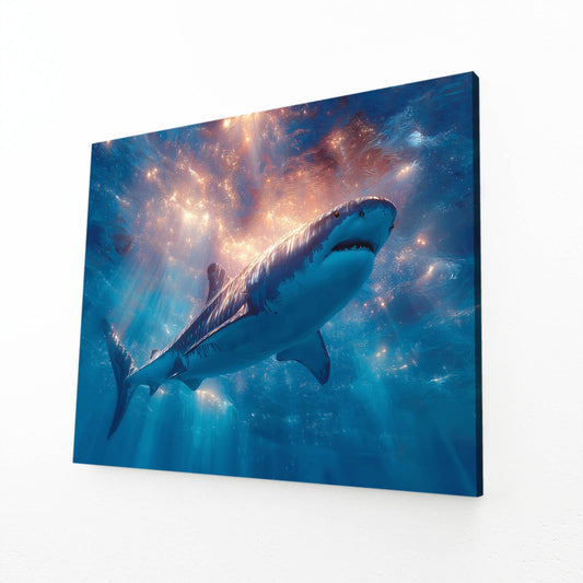 Blue Nebula Galaxy Shark Canvas Art – angled canvas view on white background