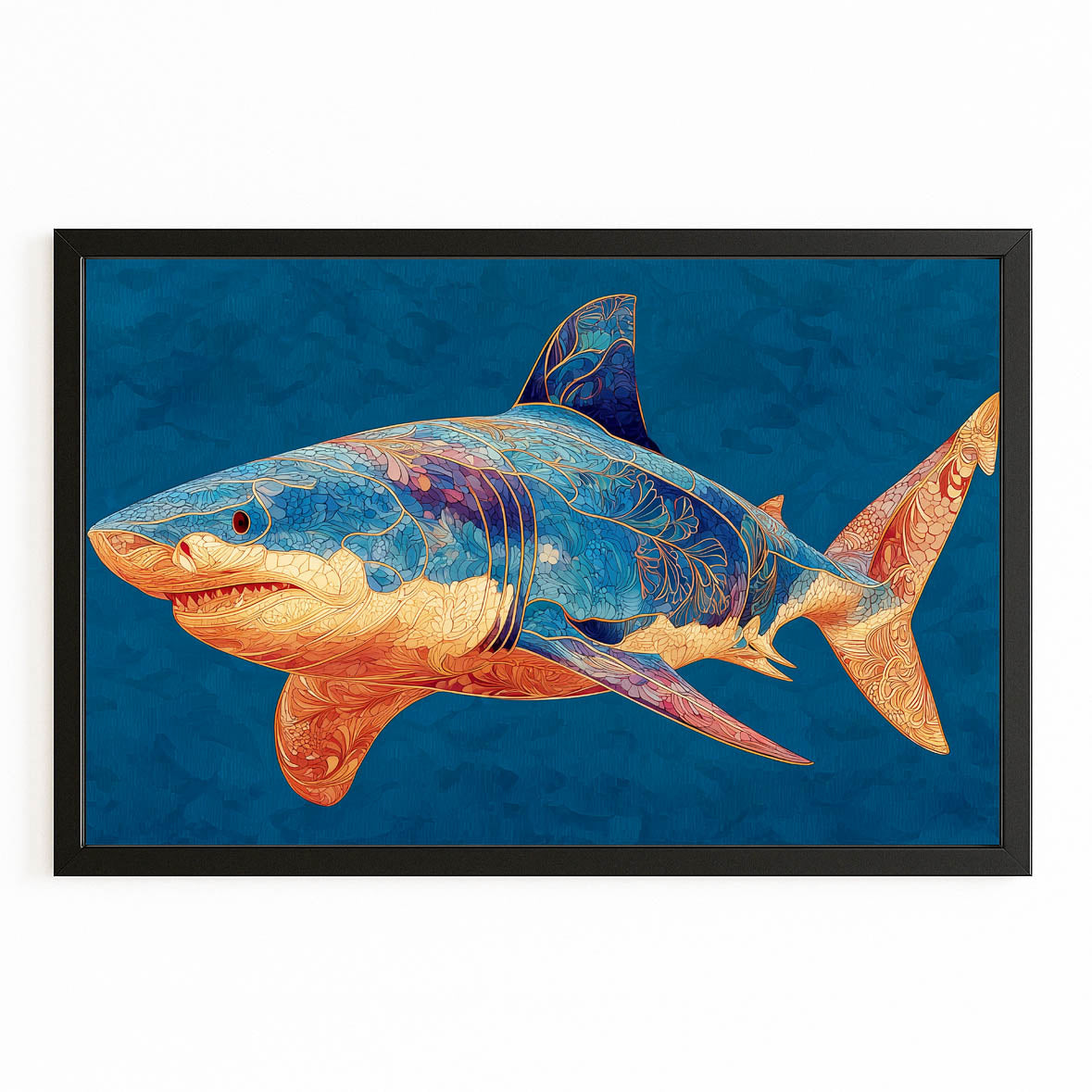 Blue Orange Geometric Shark Prints – with Premium Black frame on white background
