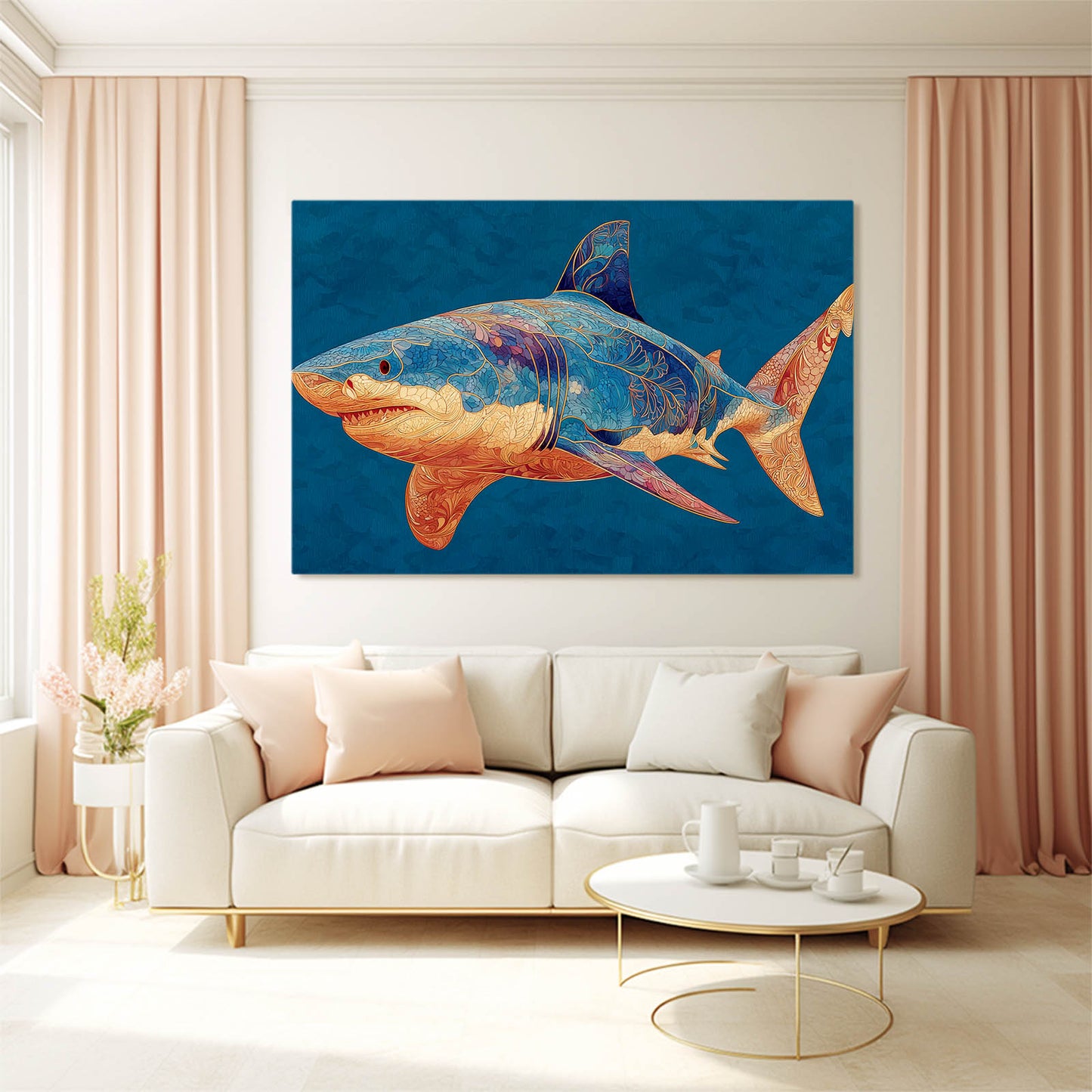 Blue Orange Geometric Shark Prints – styled in a furnished interior
