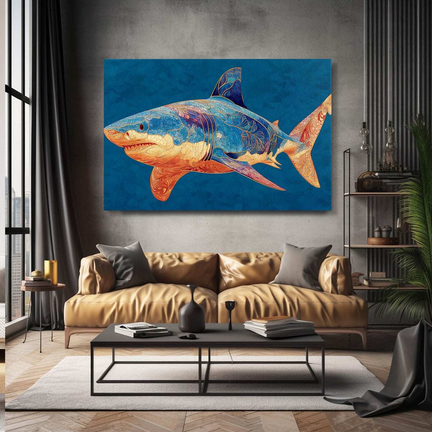 Blue Orange Geometric Shark Prints – styled in a furnished interior