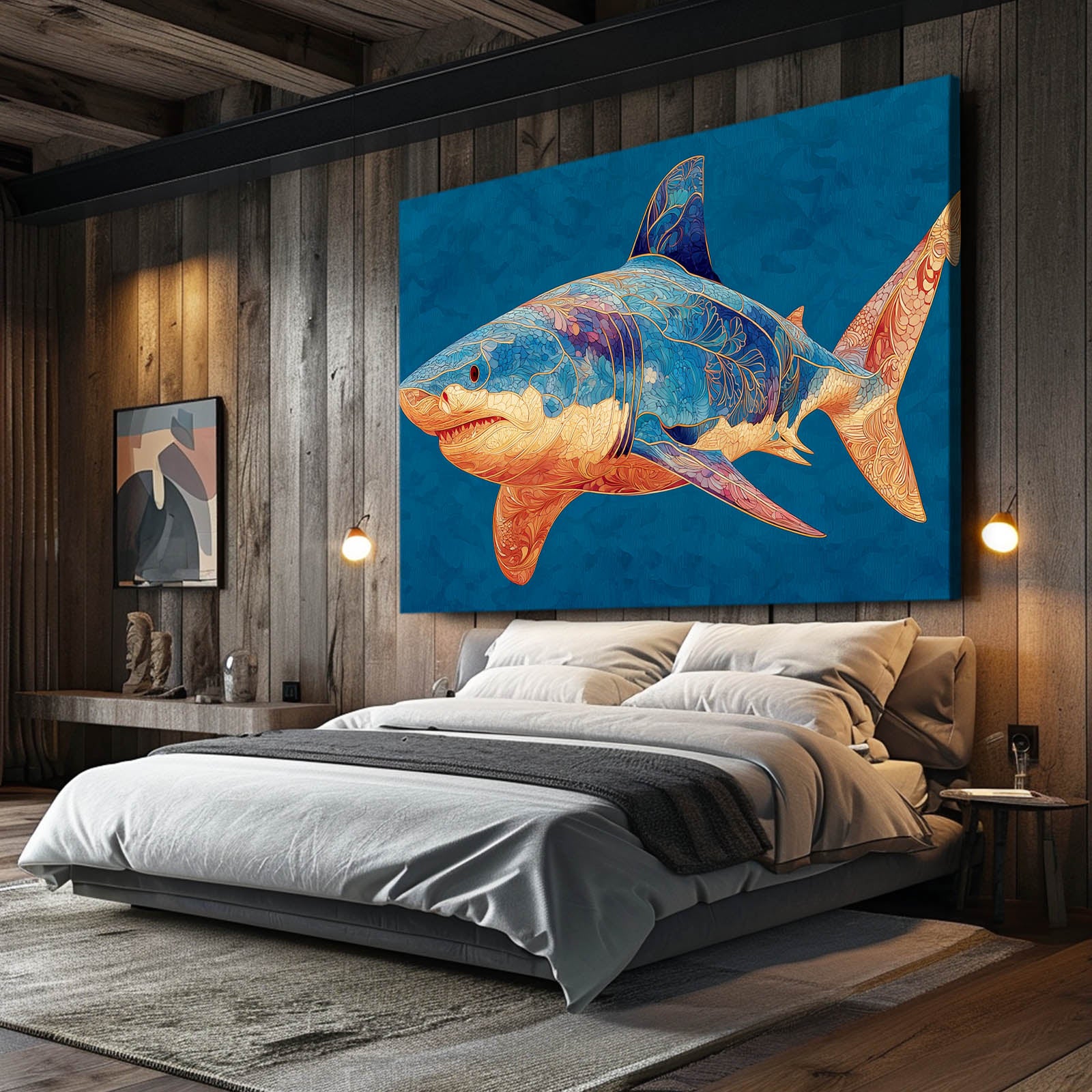 Blue Orange Geometric Shark Prints – styled in a furnished interior