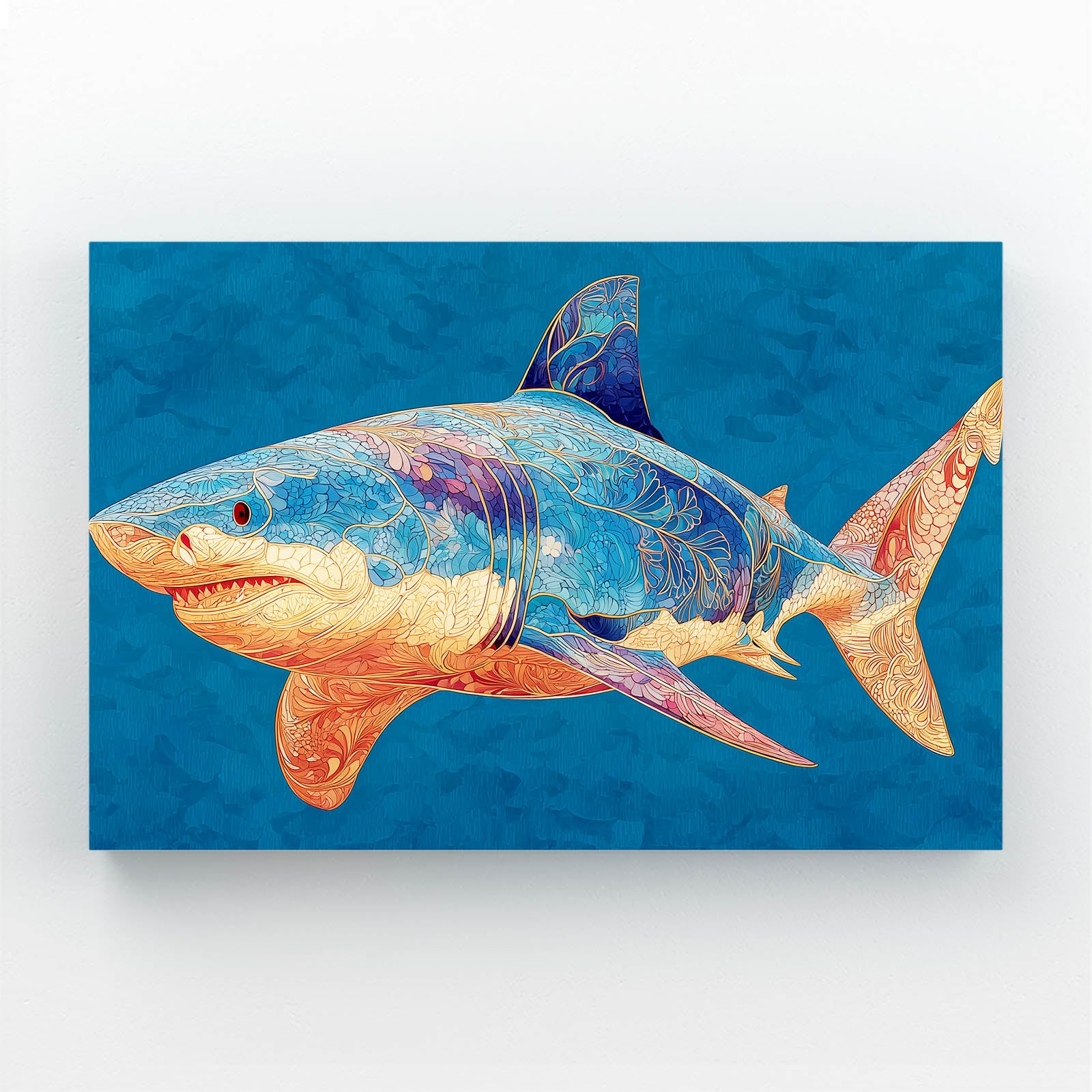 Blue Orange Geometric Shark Prints – canvas print on white background