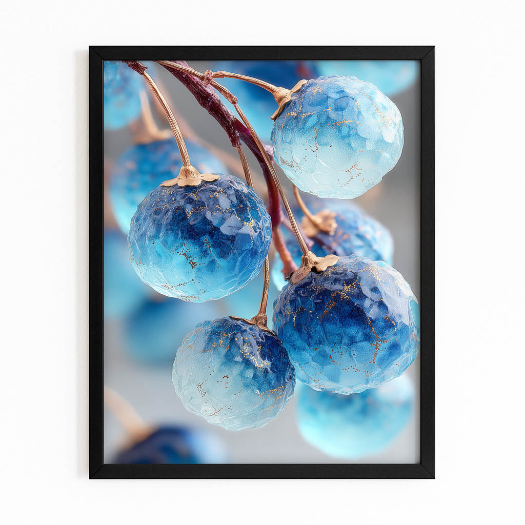 Blue Plums Branch Fruit Prints – with Premium Black frame on white background