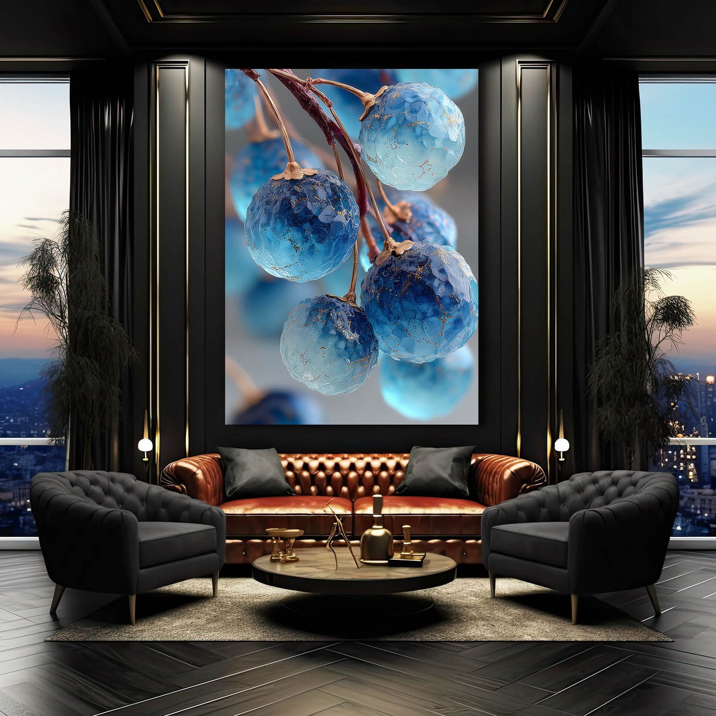 Blue Plums Branch Fruit Prints – styled in a furnished interior