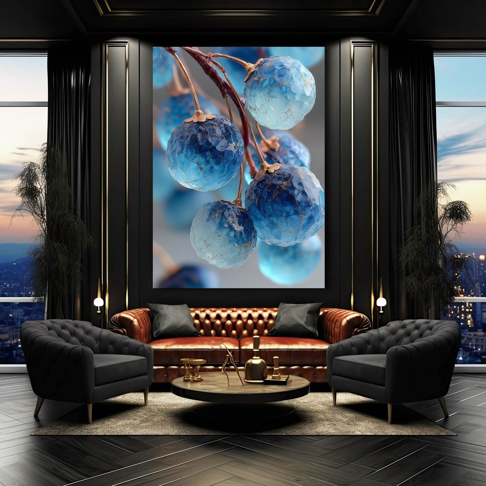 Blue Plums Branch Fruit Prints – styled in a furnished interior