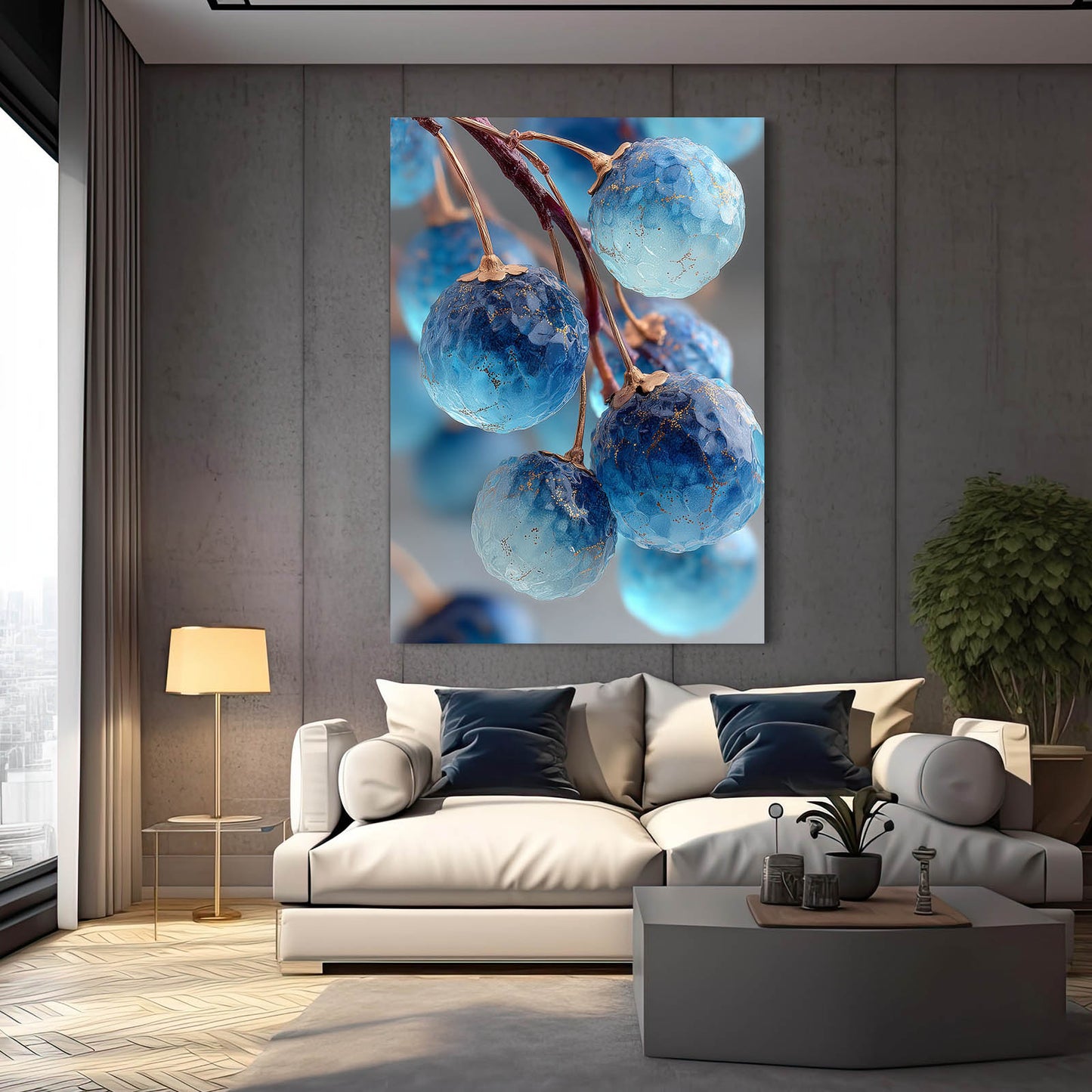Blue Plums Branch Fruit Prints – styled in a furnished interior