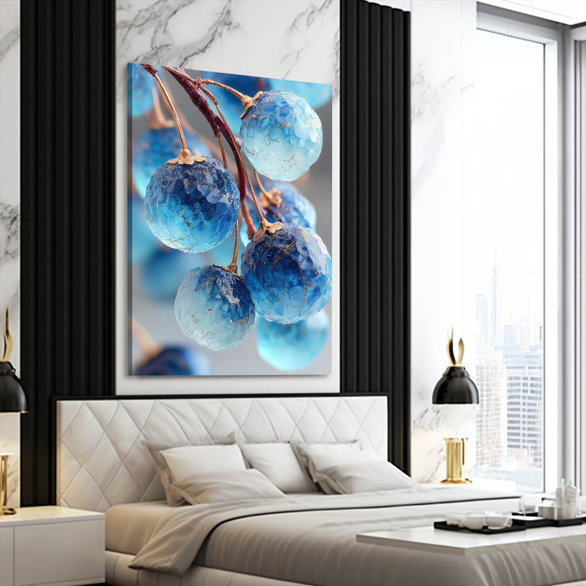 Blue Plums Branch Fruit Prints – styled in a furnished interior