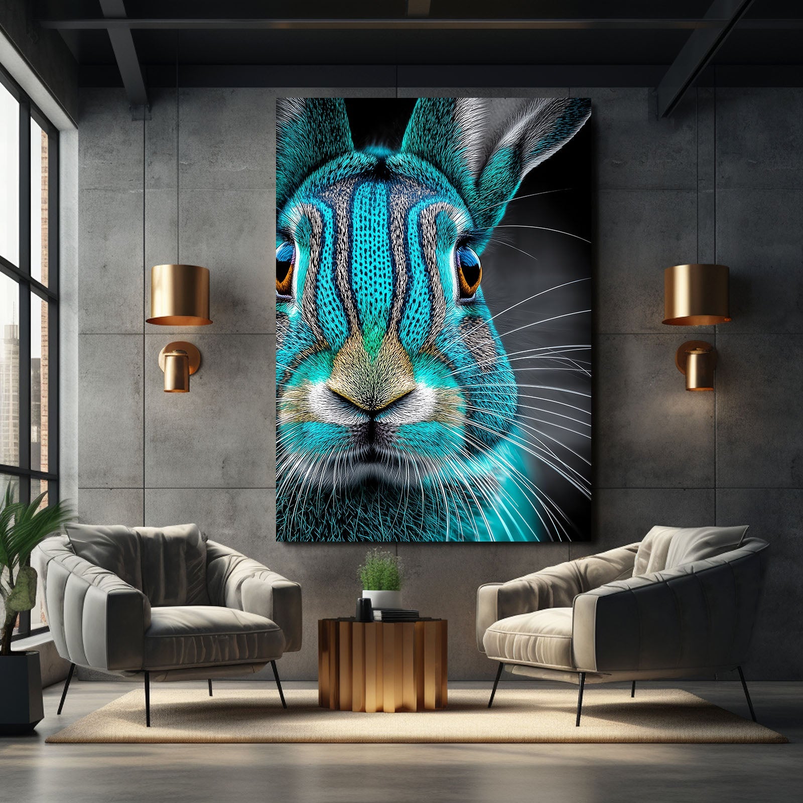 Blue Rabbit Canvas Art – angled canvas view on white background
