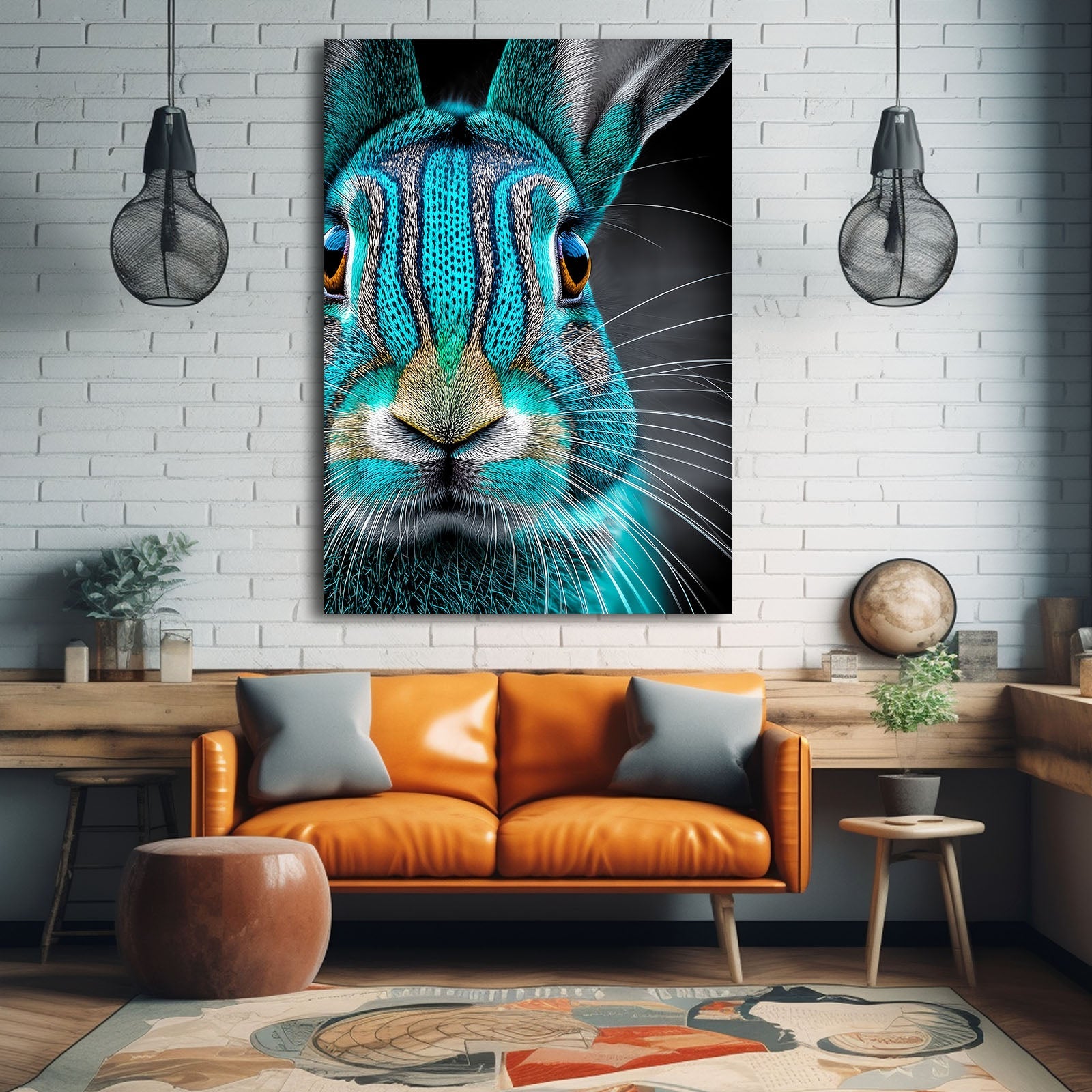 Blue Rabbit Canvas Art – angled canvas view on white background
