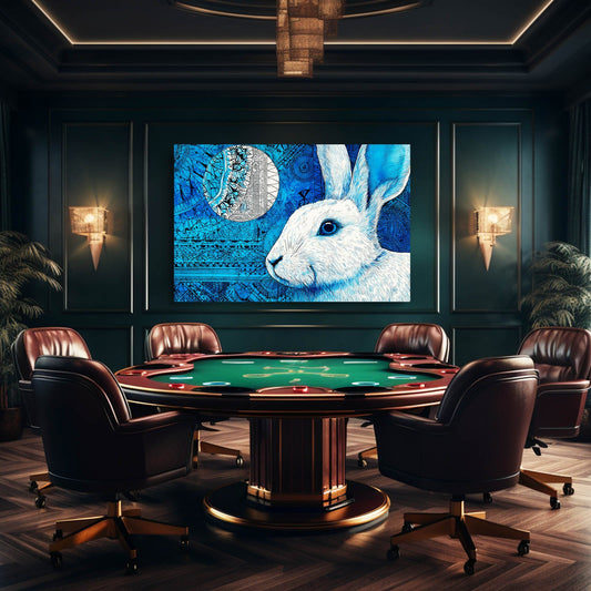 Blue Rabbit Wall Art – angled canvas view on white background