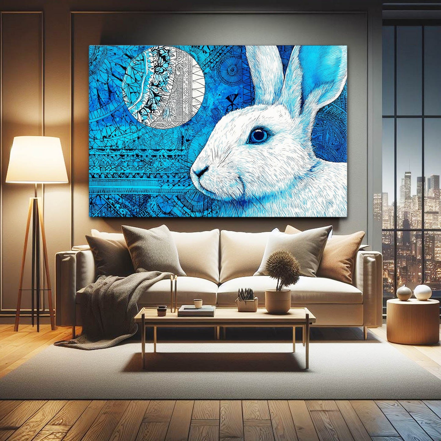 Blue Rabbit Wall Art – angled canvas view on white background