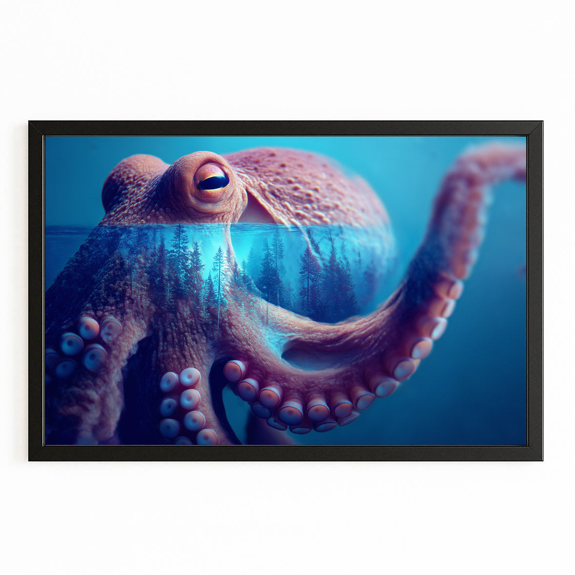 Blue Reef Reach Octopus Prints – with Premium Black frame on white background