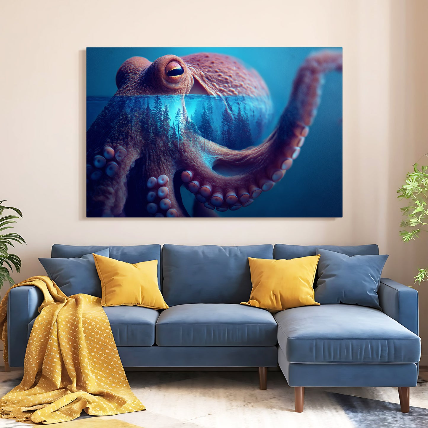 Blue Reef Reach Octopus Prints – styled in a furnished interior