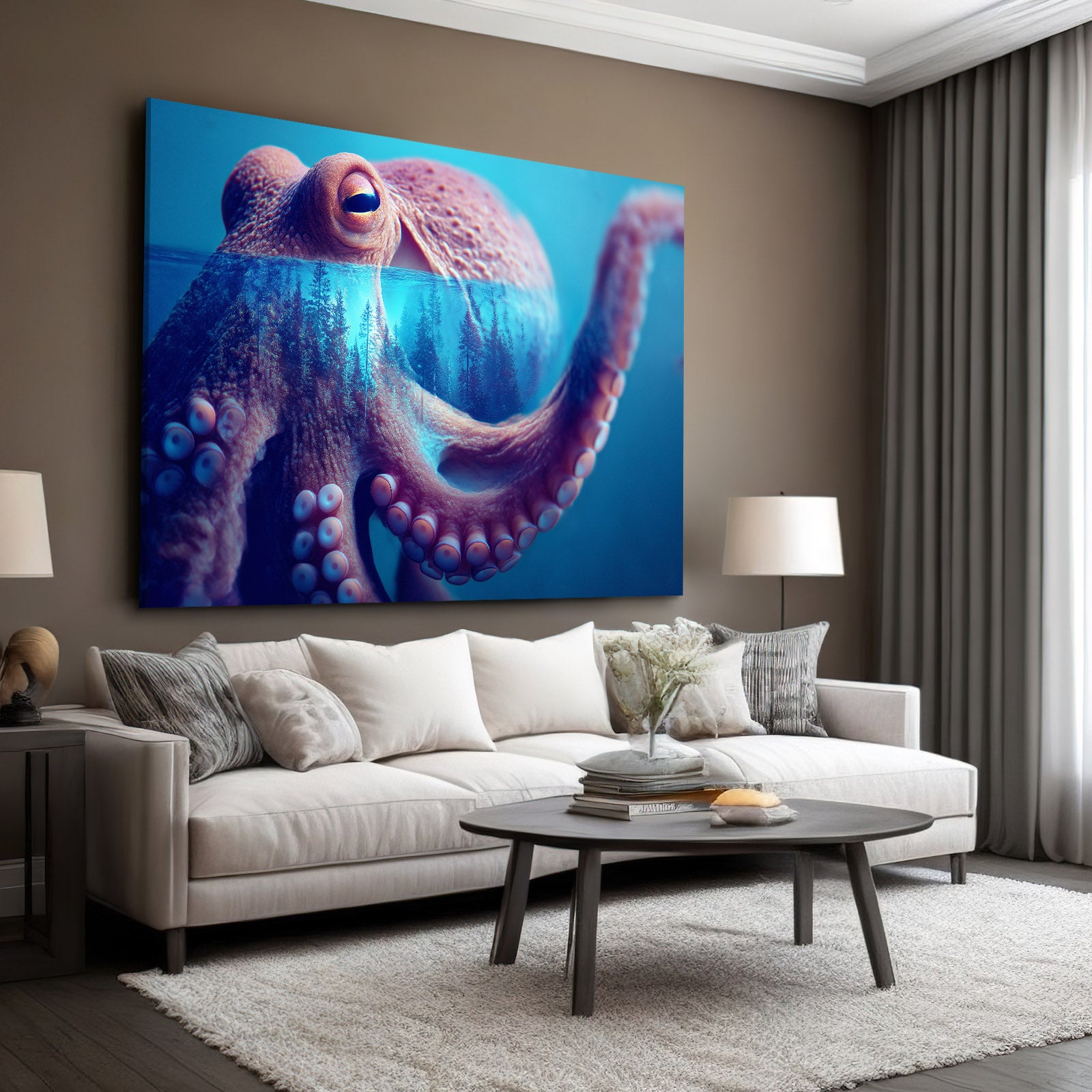 Blue Reef Reach Octopus Prints – styled in a furnished interior