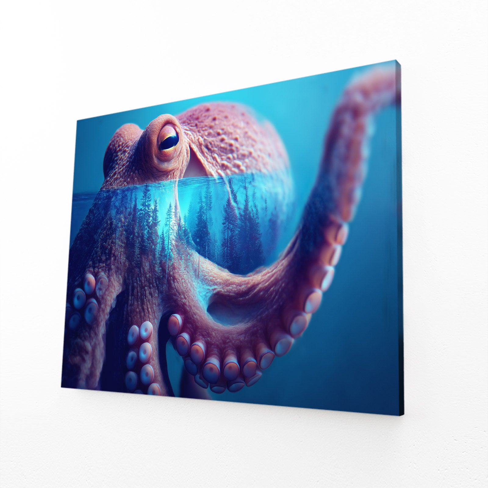 Blue Reef Reach Octopus Prints – angled canvas view on white background