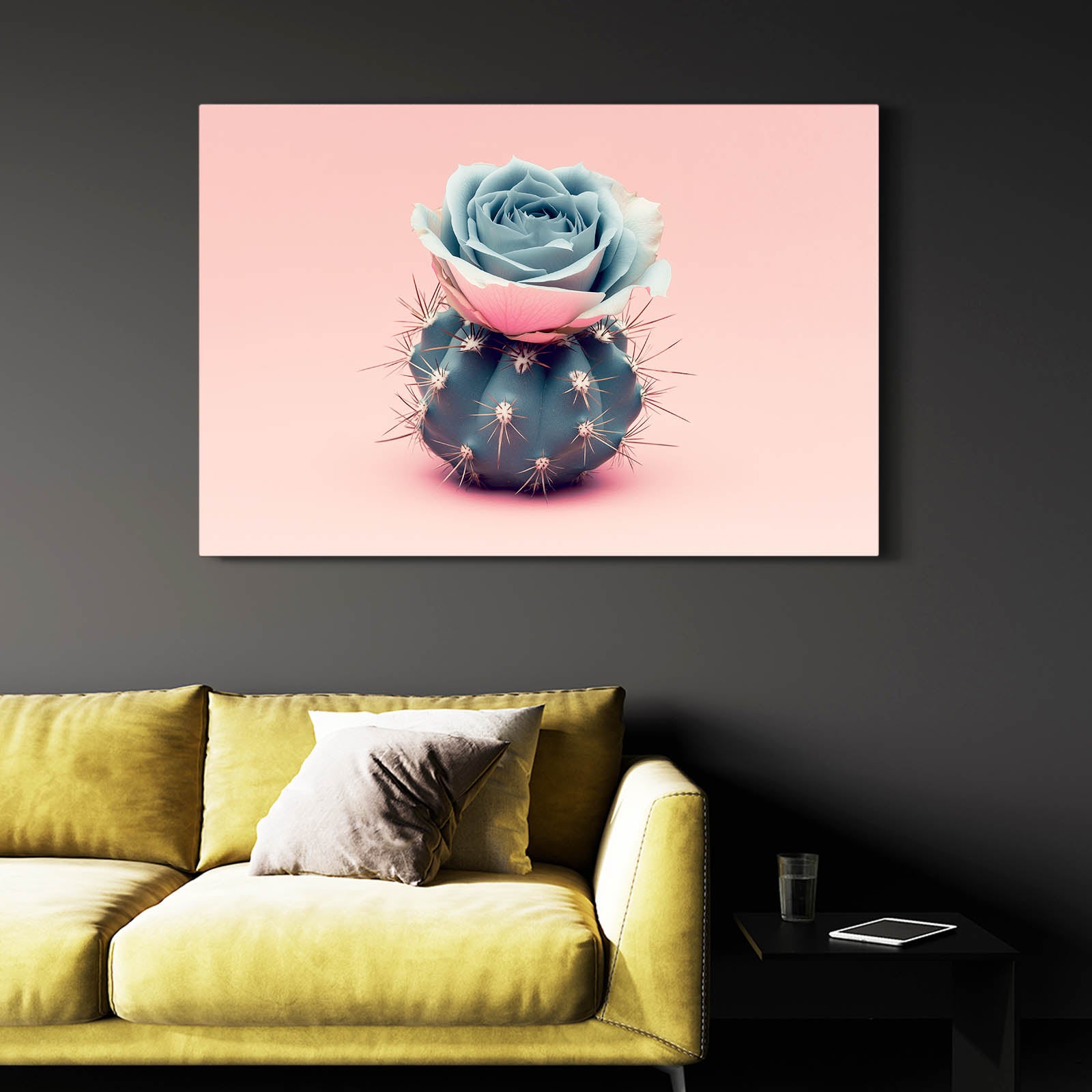 Blue Rose Pot Cactus Art – styled in a furnished interior