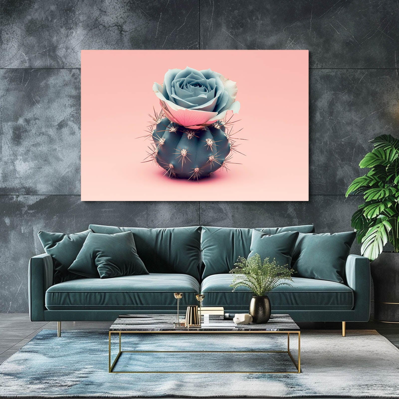 Blue Rose Pot Cactus Art – styled in a furnished interior