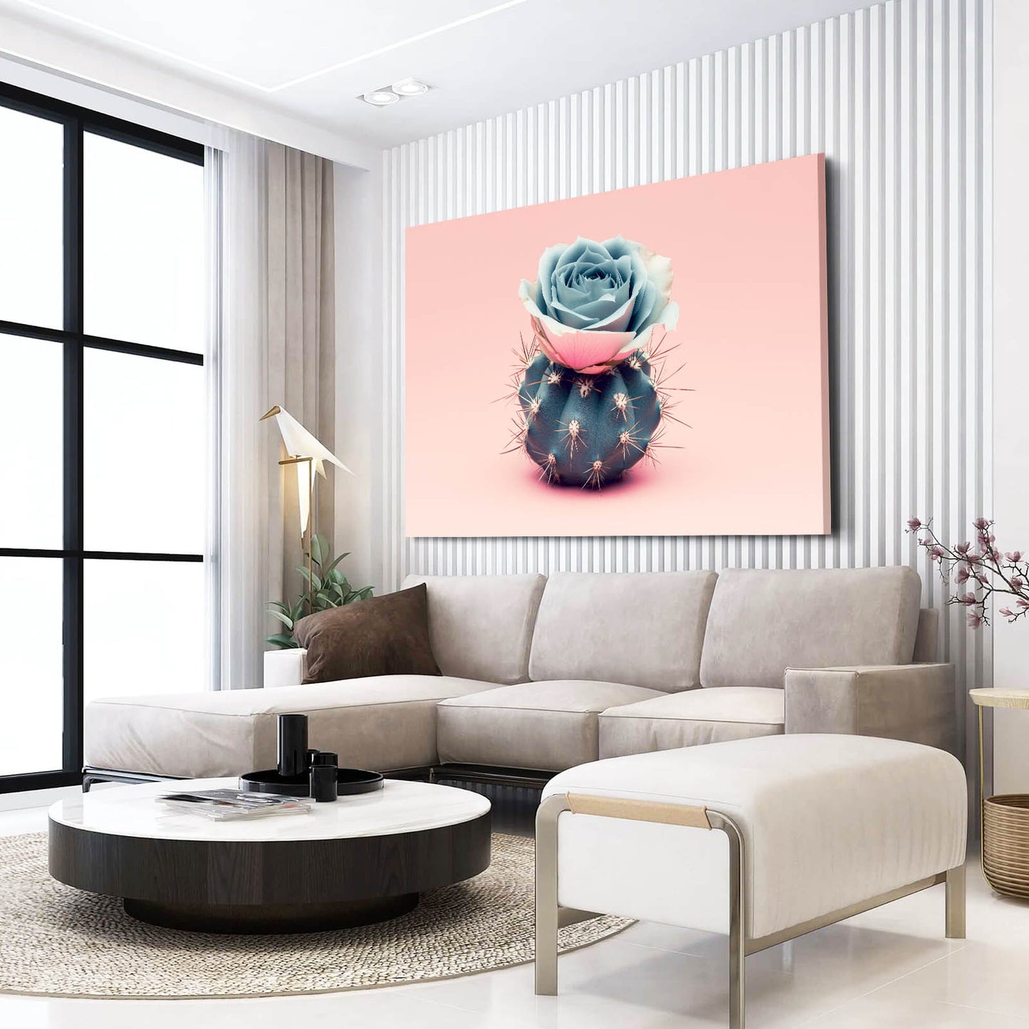 Blue Rose Pot Cactus Art – styled in a furnished interior