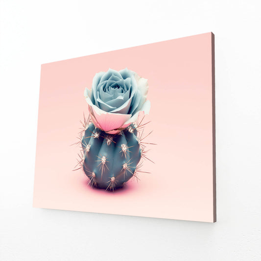 Blue Rose Pot Cactus Art – angled canvas view on white background