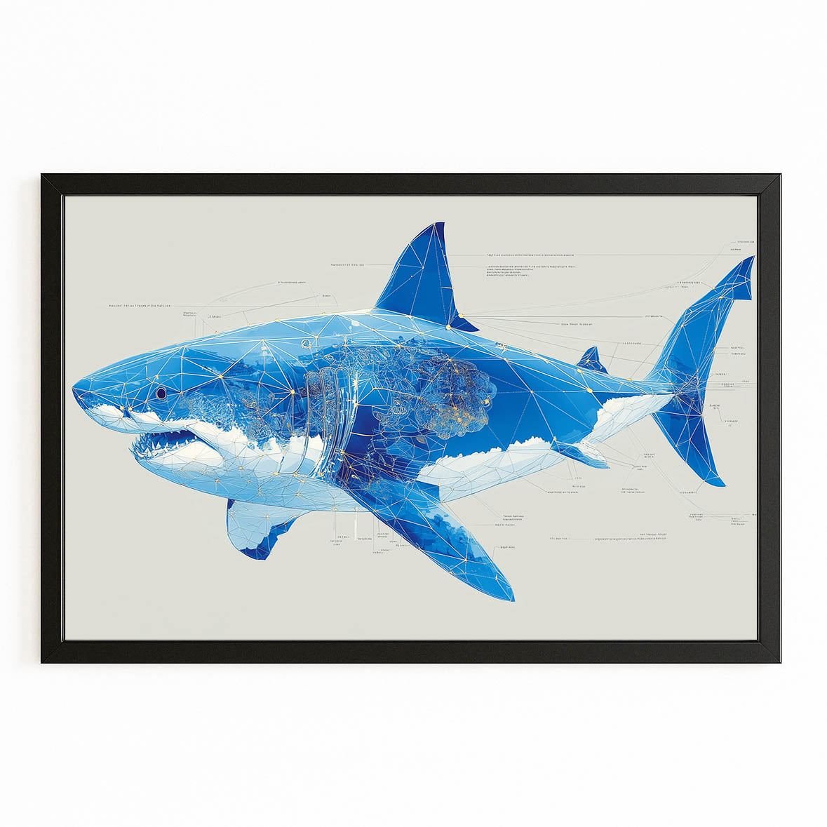 Blue Sketch Modern Shark Canvas Art – with Premium Black frame on white background