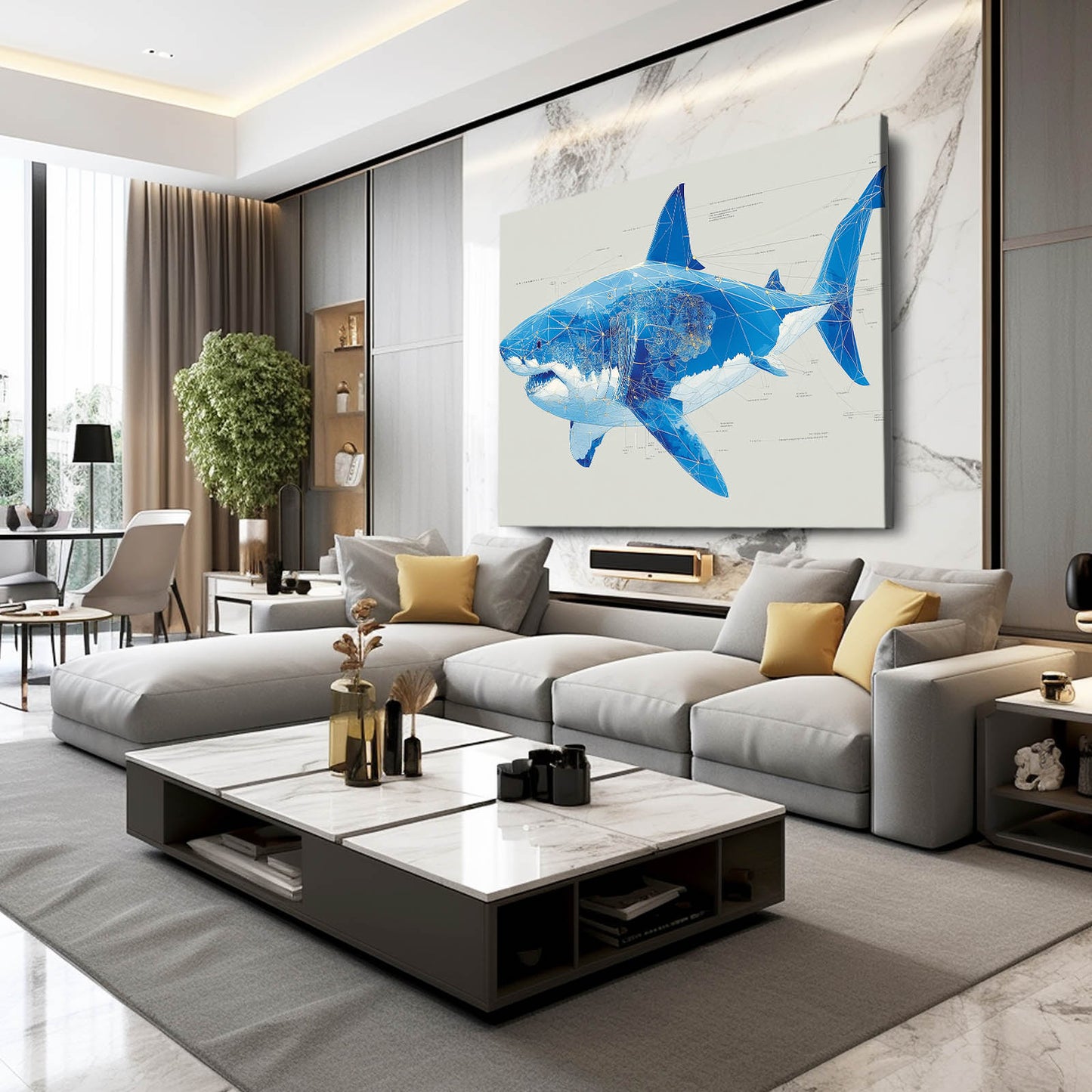 Blue Sketch Modern Shark Canvas Art – styled in a furnished interior