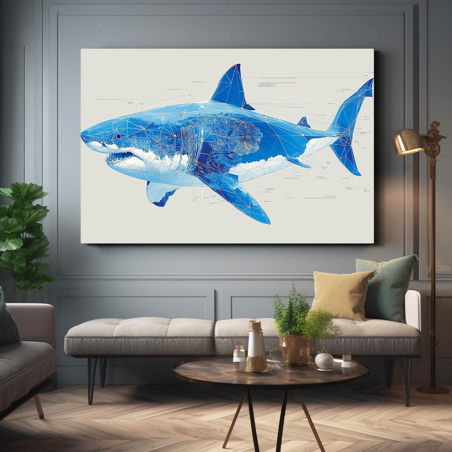 Blue Sketch Modern Shark Canvas Art – styled in a furnished interior