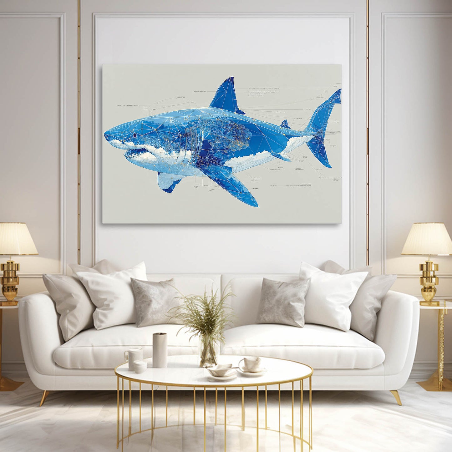 Blue Sketch Modern Shark Canvas Art – styled in a furnished interior