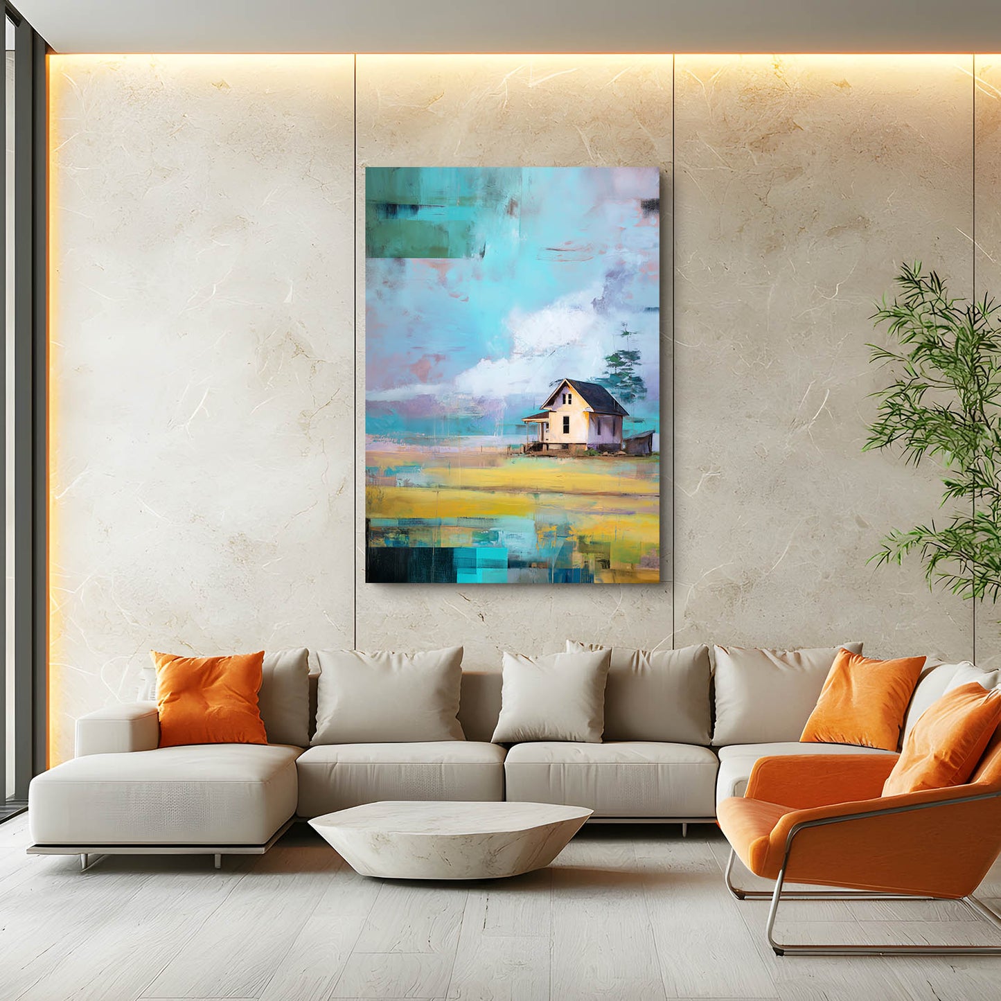 Blue Sky Farmhouse Farmhouse Canvas Art – styled in a furnished interior