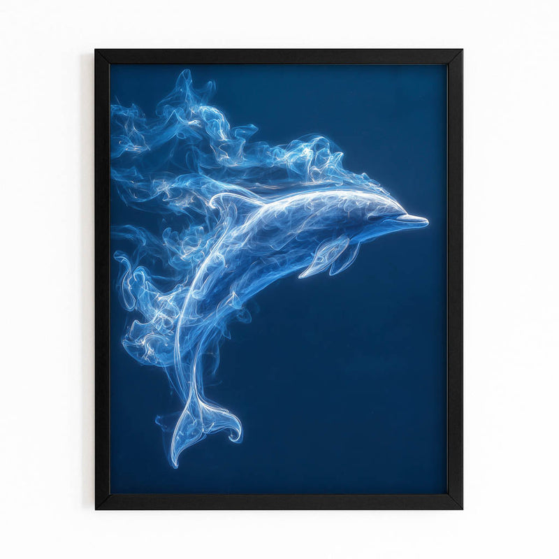 Blue Smoke Dolphin Art – dolphin formed of royal blue smoke curling through deep navy darkness