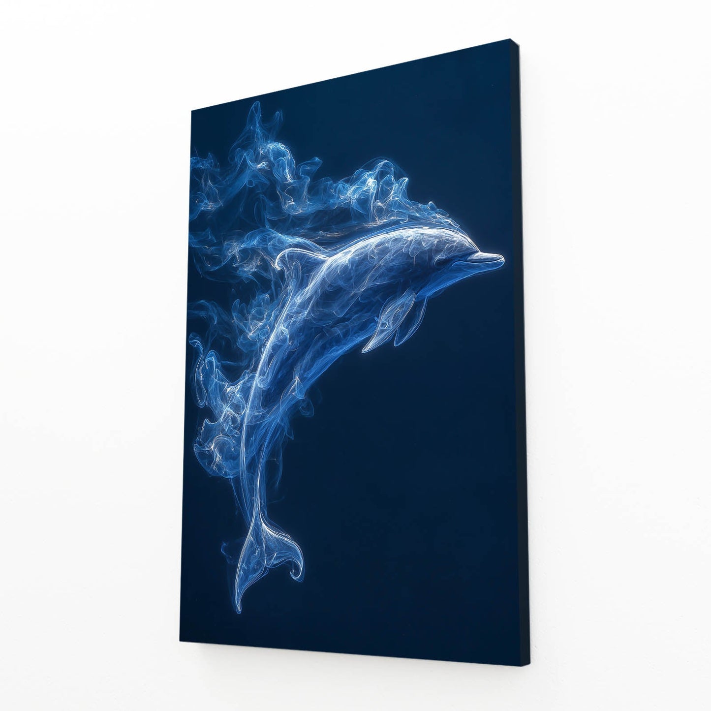 Blue Smoke Dolphin Art – angled canvas view on white background