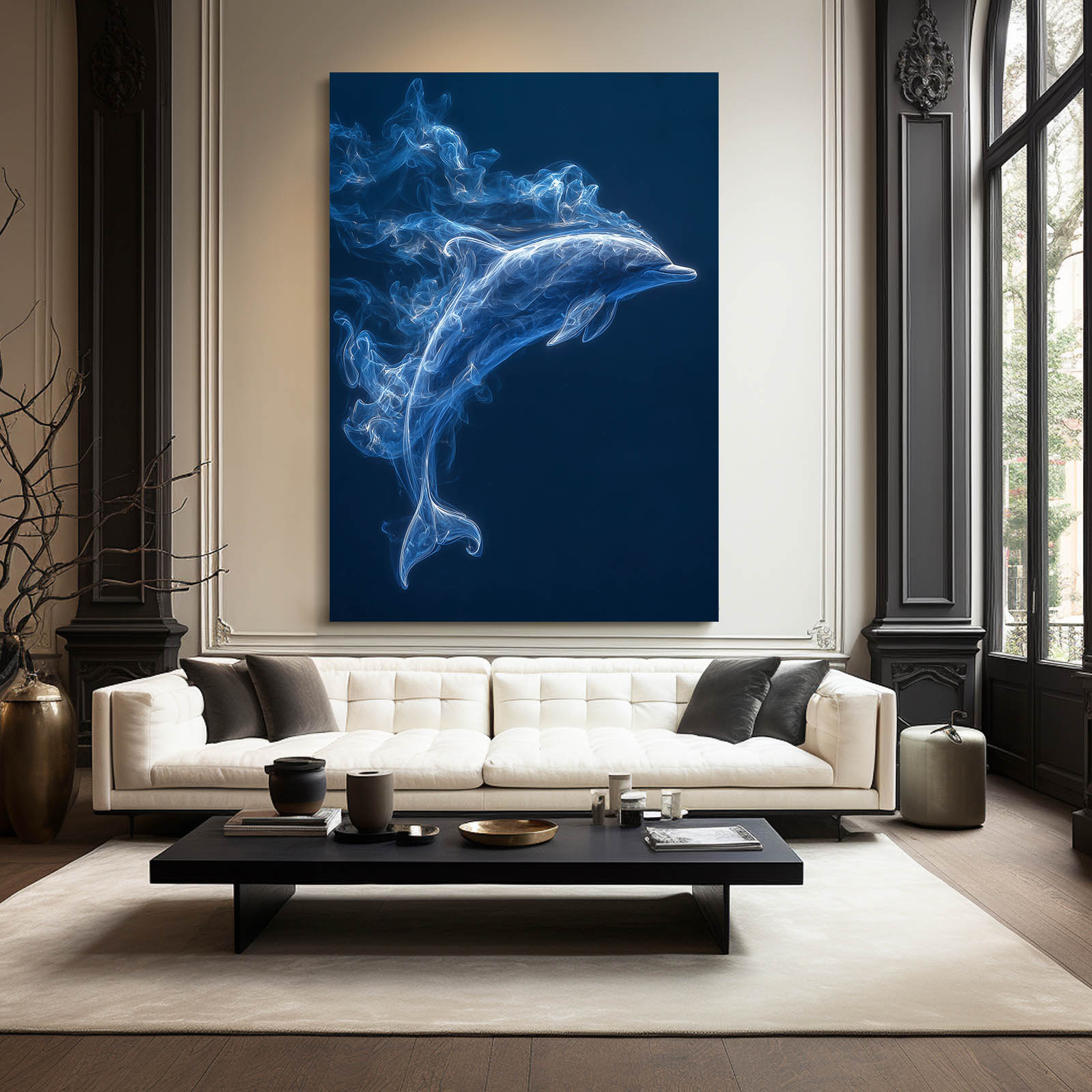 Blue Smoke Dolphin Art – styled in a furnished interior