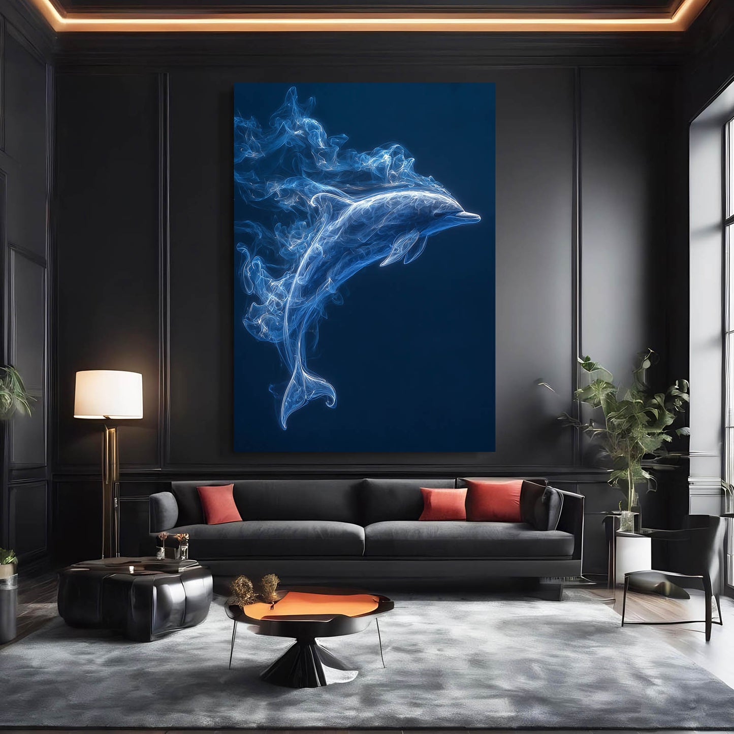 Blue Smoke Dolphin Art – styled in a furnished interior