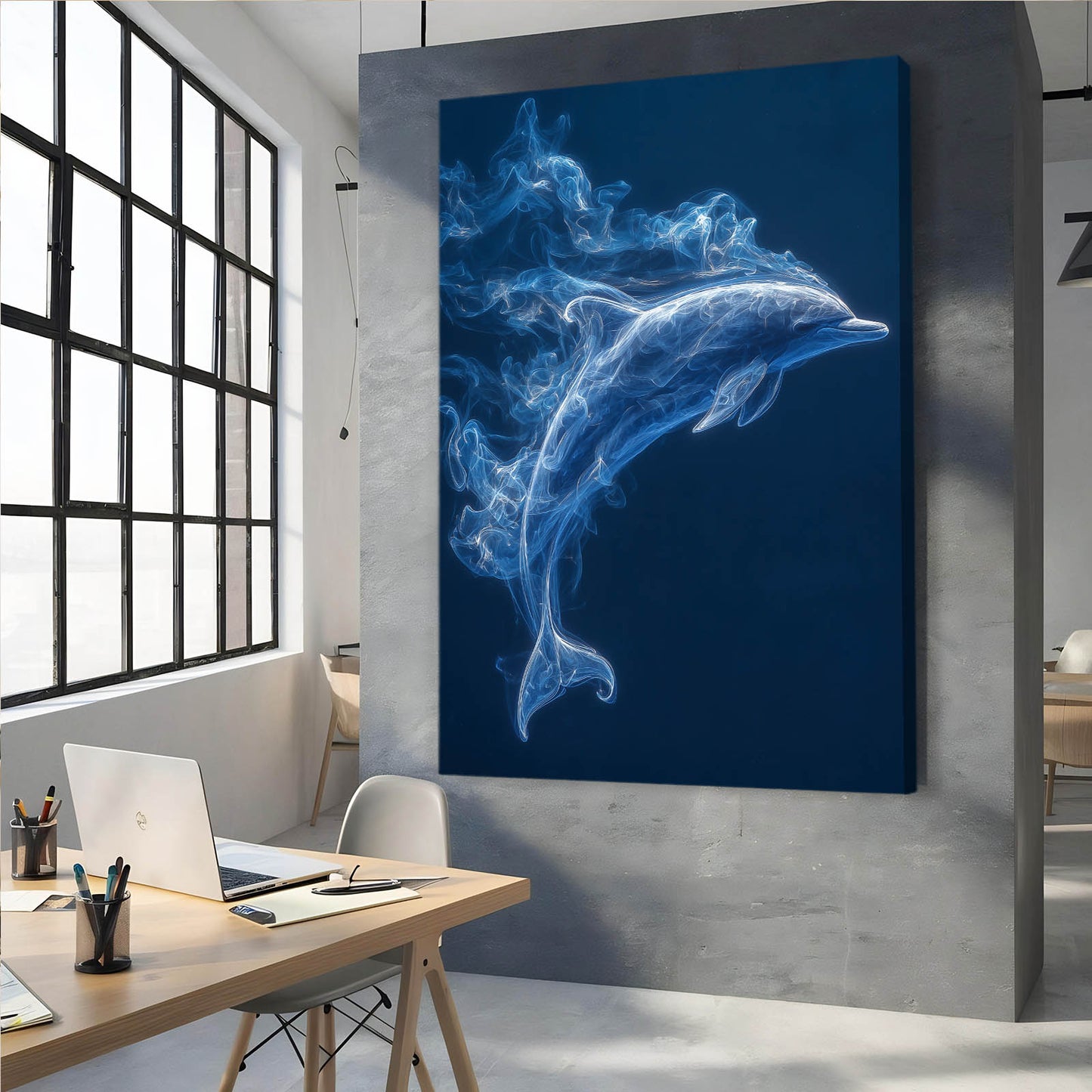 Blue Smoke Dolphin Art – styled in a furnished interior