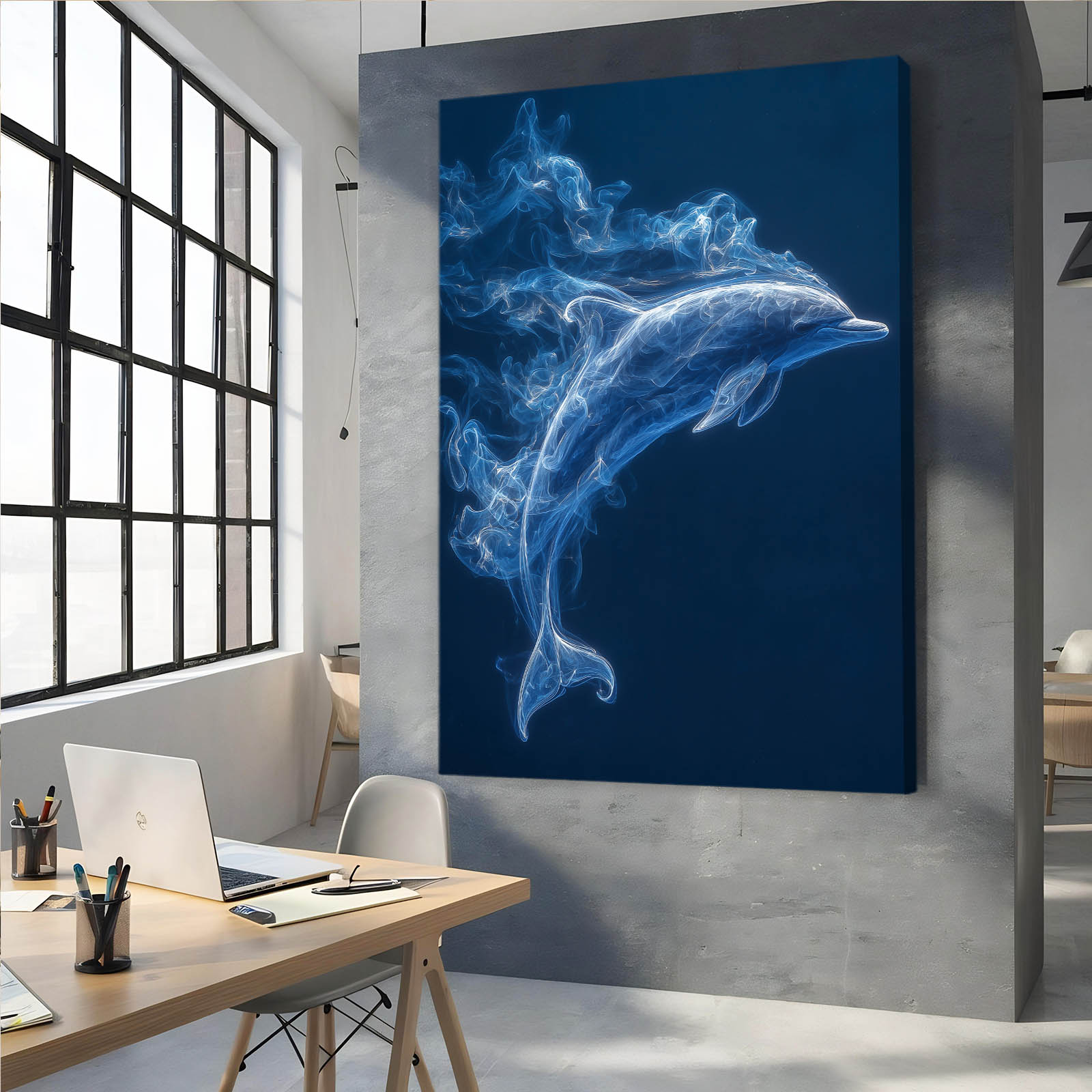 Blue Smoke Dolphin Art – styled in a furnished interior