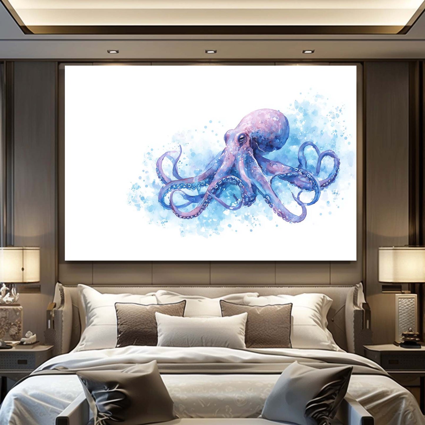 Blue Splash Sketch Octopus Canvas – styled in a furnished interior