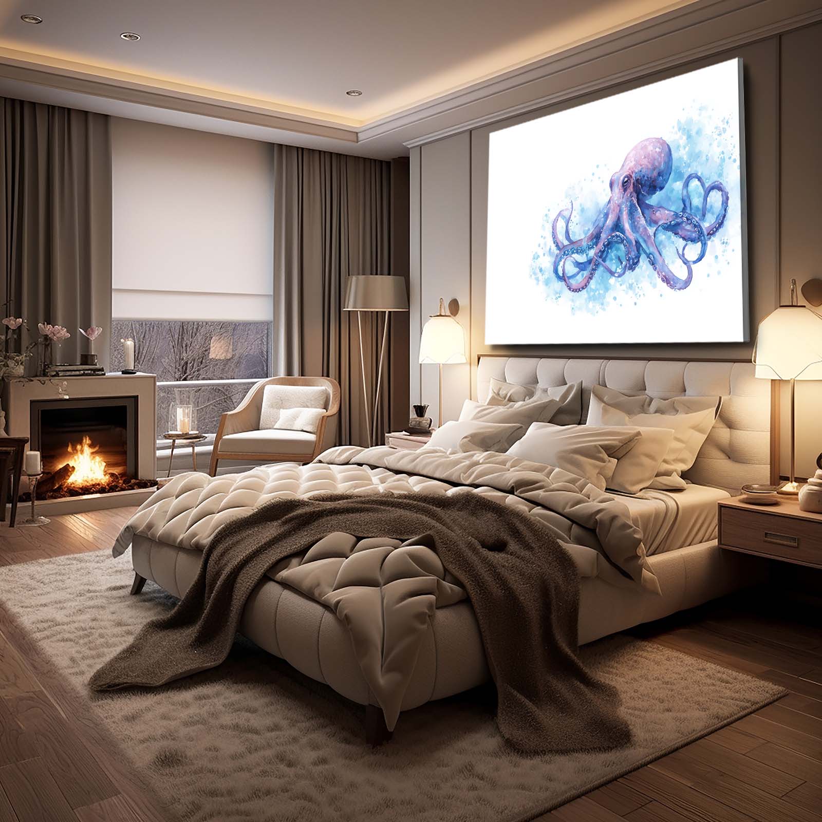 Blue Splash Sketch Octopus Canvas – styled in a furnished interior