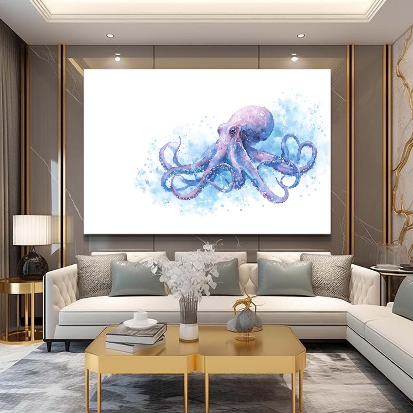Blue Splash Sketch Octopus Canvas – styled in a furnished interior